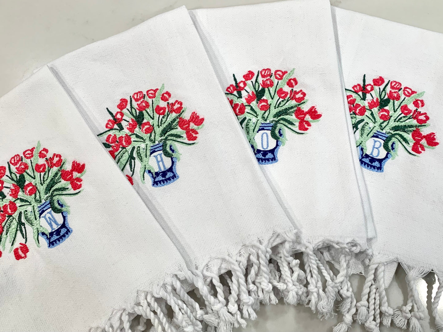 Blue & White Tulip Turkish Tassel Towel