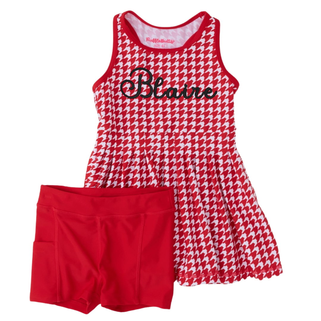 RuffleButts Girls Varsity Active Dress | Red or Orange | Sizes 2T–Girls 10