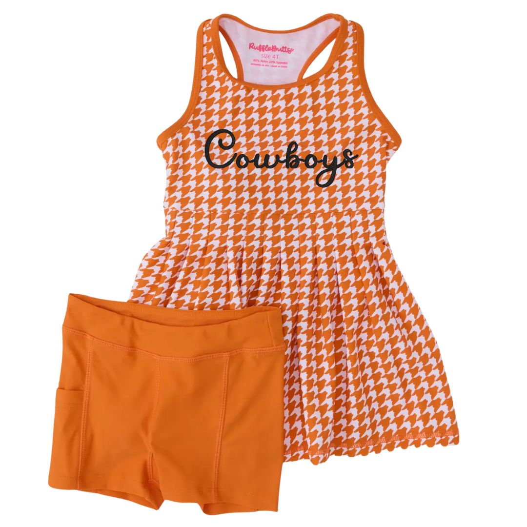 RuffleButts Girls Varsity Active Dress | Red or Orange | Sizes 2T–Girls 10