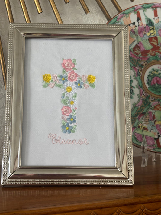 Floral Cross Embroidered Art for 5x7 Frame