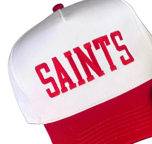 Personalized team spirit hat, red and white baseball cap with embroidered SAINTS lettering, custom game day hat