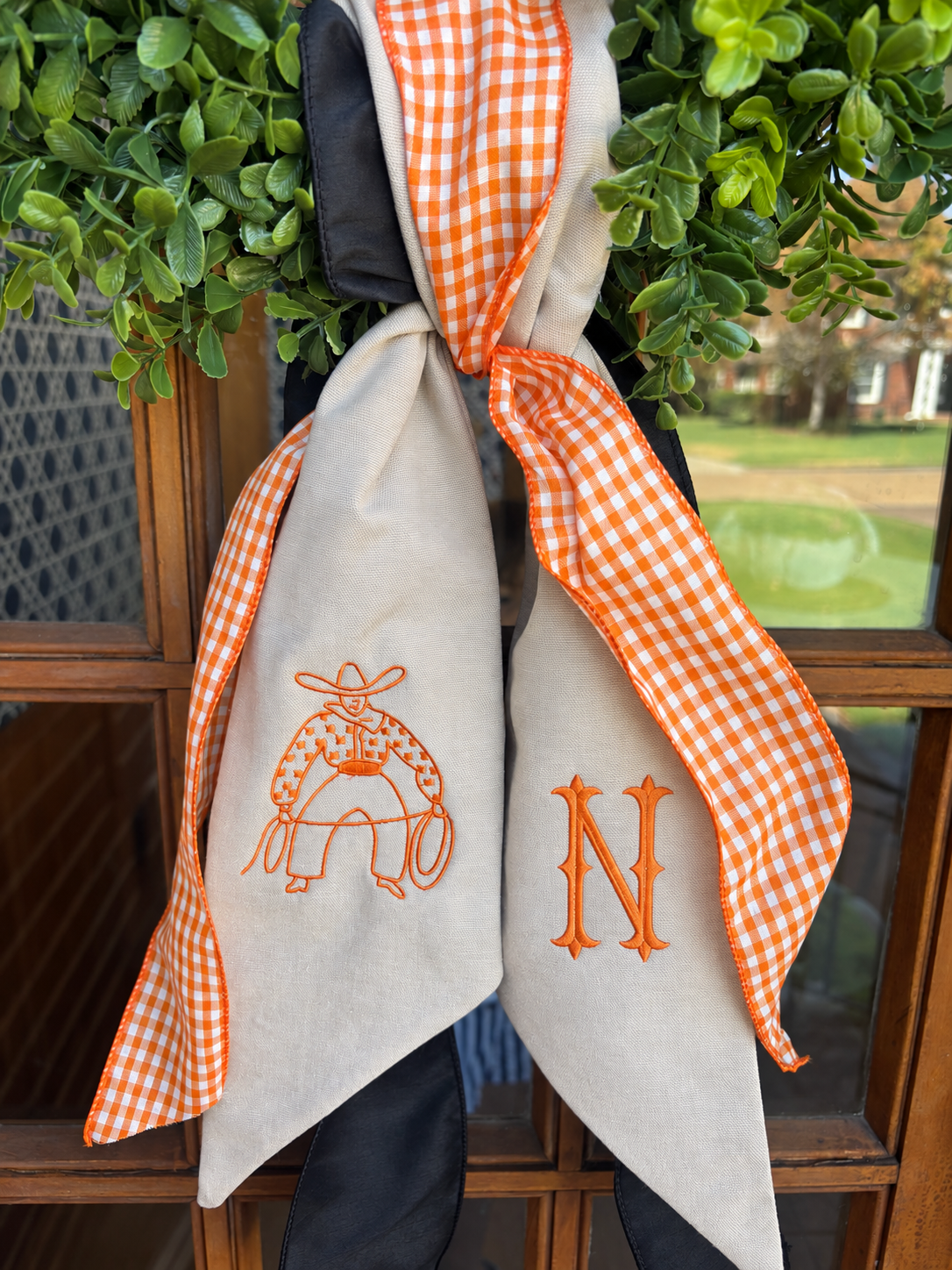 Western Cowboy Embroidered Wreath Sash | Orange Gingham Ribbon