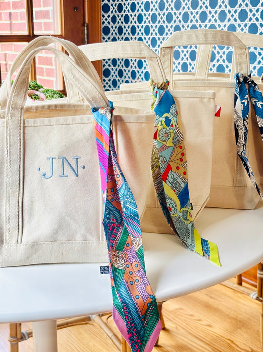 Twilly scarf wrapped on handle of personalized canvas tote bag, colorful purse scarf accessory add-on for tote bags